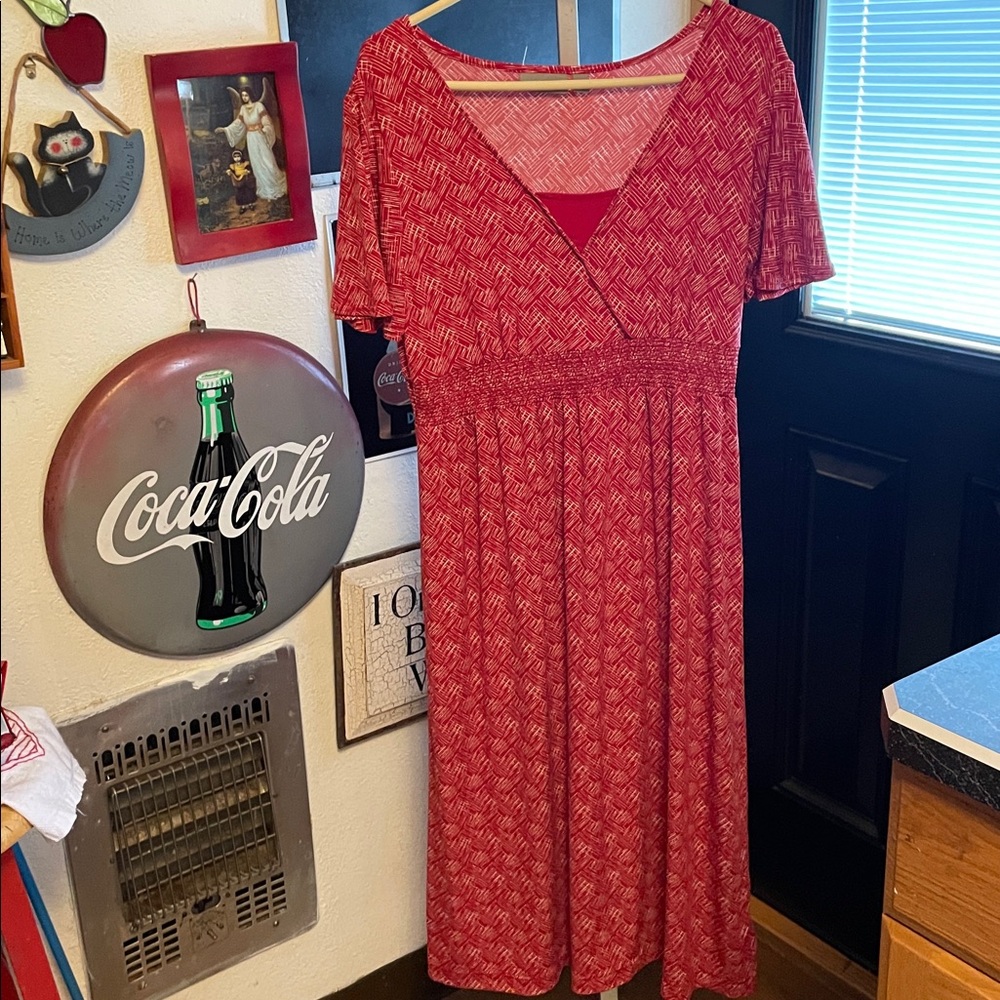 Red Patterned V-Neck Dress